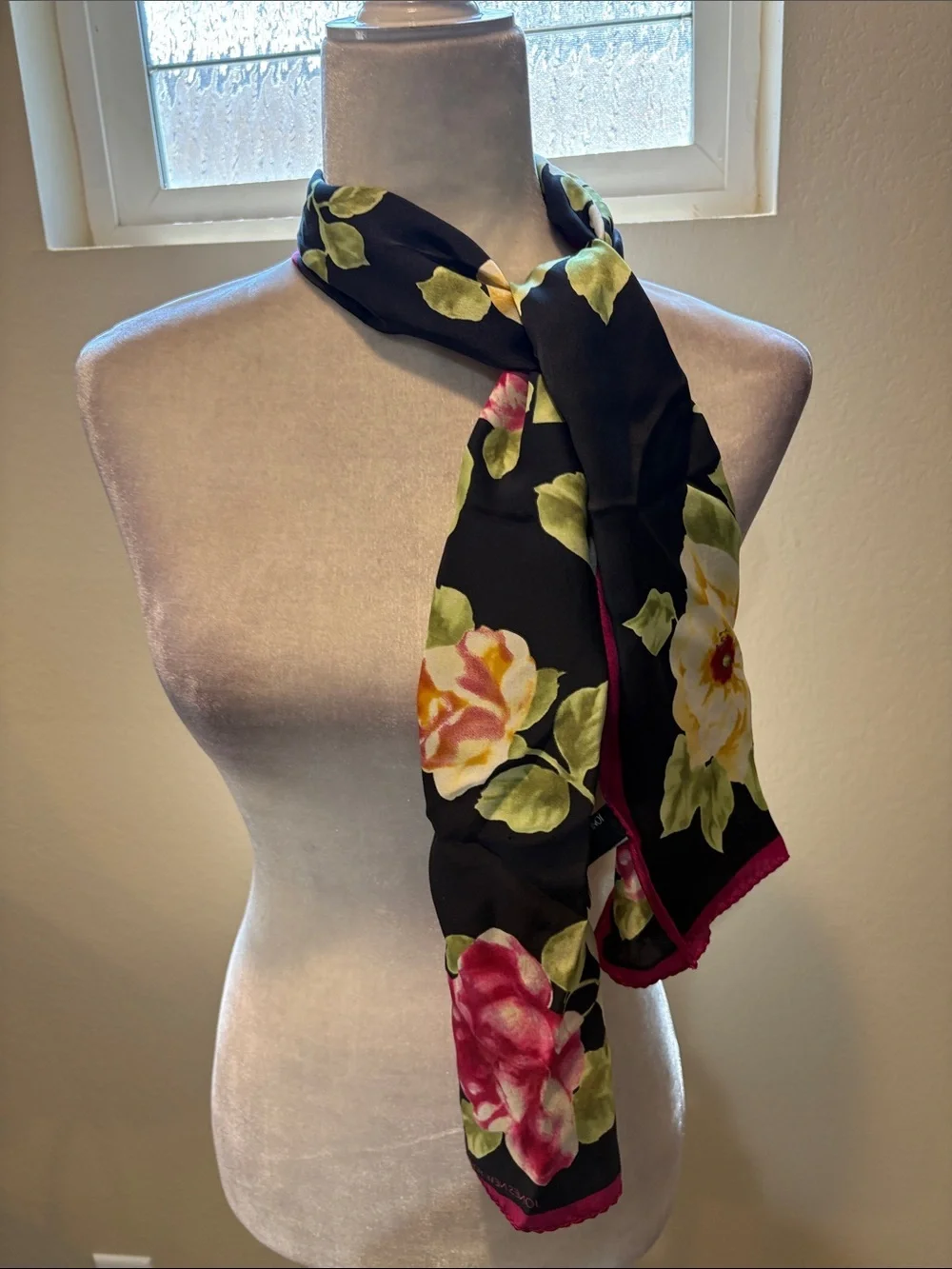 Jones New York Black Floral Silk Scarf with Pink Trim